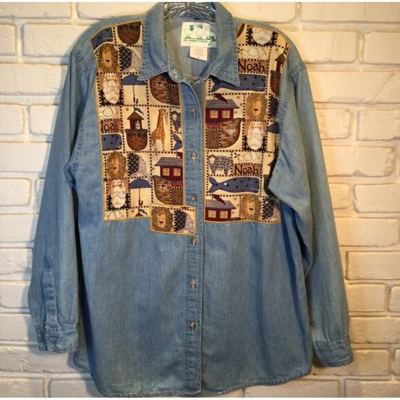 Quacker Factory chambray Noah’s ark blouse M oversized fit - Picture 1 of 5